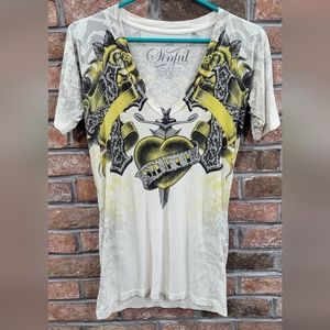 Sinful by Affliction White and Yellow, Rhinestone T Shirt- L